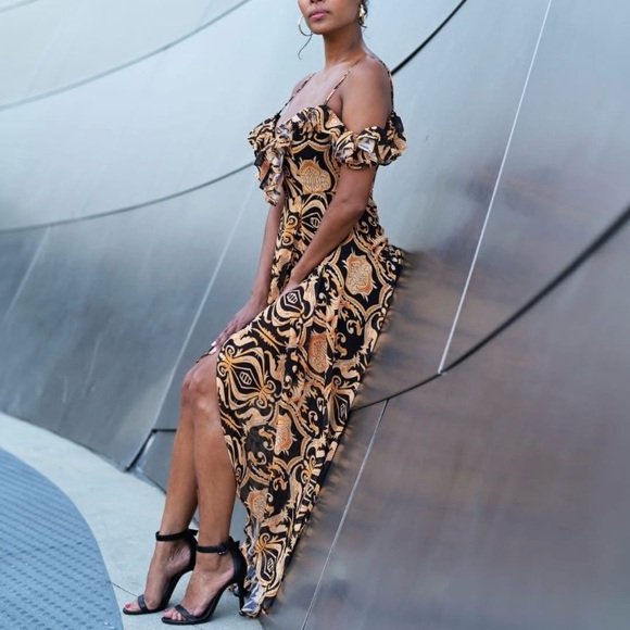 Akira Baroque Gold Black Plunging Neck Ruffled Maxi High Low Dress L Large - Picture 2 of 15